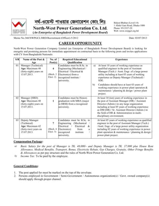 b_©-I‡q÷ cvIqvi †Rbv‡ikb †Kvs wjt
North-West Power Generation Co. Ltd.
(An Enterprise of Bangladesh Power Development Board)
Bidyut Bhaban (Level-14)
1 Abdul Gani Road, Dhaka-1000
Phone: 9513527-29
Web: www.nwpgcl.org.bd
Memo No.360/NWPGCL/HRD/Recruitment (Officer)-5/2012 Date: 03/07/2013
CAREER OPPORTUNITY
North-West Power Generation Company Limited (an Enterprise of Bangladesh Power Development Board) is looking for
energetic and promising persons for immediate appointment on contractual basis to the following posts and invites applications
with CV from Bangladeshi Nationals:
S/R Name of the Post &
Age
No. of
Post(s)
Required Educational
Qualification
Experience
01 Manager (Technical)
Age: Maximum 48
(forty-eight) years on
15.07.2013.
4
(Mech. 2
Elect. 2)
Candidates must be B.Sc. in
Engineering (Mechanical /
Electrical / Electrical &
Electronics) from a
recognized institute /
university.
a) At least 10 years of working experience as
qualified engineer in the post of Assistant
Manager (Tech.) / Asstt. Engr. of a large power
utility including at least 05 years of working
experience as Deputy Manager (Technical) /
SDE.
b) Candidates should have at least 03 years of
working experience in power plant operation &
maintenance / planning & design / power plant
project.
02 Manager (HRD)
Age: Maximum 48
(forty-eight) years on
15.07.2013.
1
Candidates must be Honors
graduation with MBA (major
in HRM) from a recognized
university.
At least 10 (ten) years of working experience in
the post of Assistant Manager (HR) / Assistant
Director (Admin.) in any large organization
including at least 05 years of working experience
as DM (HR) / Sr. Assistant Director (Admin.) in
the field of HR & Administration in multi-
disciplinary environment.
03 Deputy Manager
(Technical)
Age: Maximum 42
(forty-two) years on
15.07.2013.
7
(Mech. 4
Elect. 3)
Candidates must be B.Sc. in
Engineering (Mechanical /
Electrical / Electrical &
Electronics) from a
recognized institute /
university.
At least 05 years of working experience as qualified
engineer in the post of Assistant Manager (Tech.)
/Asstt. Engr. of a large power utility organization
including 02 years of working experience in power
plant operation & maintenance / planning & design /
power plant project.
Compensation Package:
a) Basic Salary for the post of Manager is TK. 48,000/- and Deputy Manager is TK. 37,000 plus House Rent
Allowance, Medical Benefits, Transport, Bonus, Electricity Rebate, Gas Charges, Gratuity, Other Fringe Benefits
& Allowances as per pay structure and the rules of North-West Power Generation Co. Ltd.
b) Income Tax: To be paid by the employee.
General Conditions:
1. The post applied for must be marked on the top of the envelope.
2. Persons employed in Government / Semi-Government / Autonomous organization(s) / Govt. owned company(s)
should apply through proper channel.
 