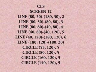 CLSSCREEN 12LINE (80, 30)-(180, 30), 2LINE (80, 30)-(80, 80), 3LINE (80, 80)-(40, 80), 4LINE (40, 80)-(40, 120), 5LINE (40, 120)-(180, 120), 6LINE (180, 120)-(180, 30)CIRCLE (55, 120), 5CIRCLE (80, 120), 5CIRCLE (160, 120), 5CIRCLE (140, 120), 5 
