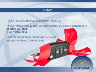 E MAIS:
- VOCÊ PODE GANHAR UM CARRO 0KM POR MÊS;
- VOCÊ PARTICIPA DE 12 SORTEIOS NO PERÍODO DE 1 ANO E CONCORRE A:
11 FORD KA - 0KM
1 VELOSTER - 0KM
- SORTEIO NO ÚLTIMO SÁBADO DE CADA MÊS
REALIZADO PELA LOTERIA FEDERAL;

 