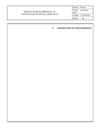 Edición: Primera
                                           Fecha: noviembre,
  MANUAL DE PROCEDIMIENTOS DE              2007
ENTREGA RECEPCIÓN DEL CARRO ROJO           Código: 217B50400
                                           Página     V



                          V.   DESCRIPCIÓN DE PROCEDIMIENTO
 