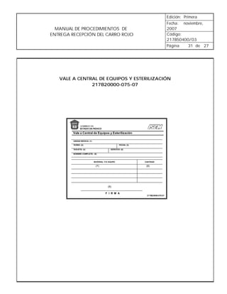 Edición: Primera
                                                                                      Fecha: noviembre,
  MANUAL DE PROCEDIMIENTOS DE                                                         2007
ENTREGA RECEPCIÓN DEL CARRO ROJO                                                      Código:
                                                                                      217B50400/03
                                                                                      Página   31 de 27




   VALE A CENTRAL DE EQUIPOS Y ESTERILIZACIÓN
               217B20000-075-07




        Vale a Central de Equipos y Esterilización

        UNIDAD MEDICA: (1)

        TURNO: (2)                                  FECHA: (3)

        TARJETA: (4)                        SERVICIO: (5)

        NOMBRE COMPLETO: (6)



                             MATERIAL Y/O EQUIPO                 CANTIDAD

                              (7)                                 (8)




                                         (9)

                                       F I R M A
                                                                  217B520000-075-07
 