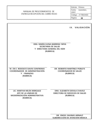 Edición: Primera
                                                       Fecha: noviembre,
            MANUAL DE PROCEDIMIENTOS DE                2007
          ENTREGA RECEPCIÓN DEL CARRO ROJO             Código: 217B50400
                                                       Página      IX



                                                      IX.   VALIDACIÓN




                     DRA. MARÍA ELENA BARRERA TAPIA
                           SECRETARIA DE SALUD
                      Y DIRECTORA GENERAL DEL ISEM
                                (RUBRICA)




M. EN E. RODOLFO DAVIS CONTRERAS        DR. ROBERTO MARTÍNEZ POBLETE
COORDINADOR DE ADMINISTRACIÓN              COORDINADOR DE SALUD
           Y FINANZAS                             (RUBRICA)
            (RUBRICA)




  LIC. MARTHA MEJÍA MÁRQUEZ             DRA. ELIZABETH DÁVILA CHAVEZ
       JEFE DE LA UNIDAD DE            DIRECTORA DE SERVICIOS DE SALUD
 MODERNIZACIÓN ADMINISTRATIVA                     (RUBRICA)
             (RUBRICA)




                                         DR. ÁNGEL SALINAS ARNAUT
                                      SUBDIRECCIÓN DE ATENCIÓN MÉDICA
 
