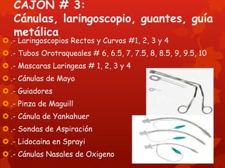 CAJÓN # 3:
   Cánulas, laringoscopio, guantes, guía
   metálica
 .- Laringoscopios Rectos y Curvos #1, 2, 3 y 4
 .- Tubos Orotraqueales # 6, 6.5, 7, 7.5, 8, 8.5, 9, 9.5, 10
 .- Mascaras Laringeas # 1, 2, 3 y 4
 .- Cánulas de Mayo
 .- Guiadores
 .- Pinza de Maguill
 .- Cánula de Yankahuer
 .- Sondas de Aspiración
 .- Lidocaina en Sprayi
 .- Cánulas Nasales de Oxigeno
 
