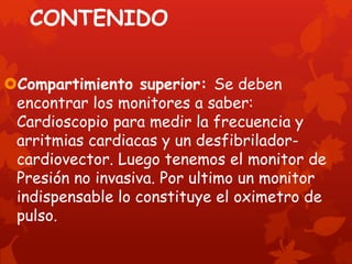 CONTENIDO

Compartimiento superior: Se deben
 encontrar los monitores a saber:
 Cardioscopio para medir la frecuencia y
 arritmias cardiacas y un desfibrilador-
 cardiovector. Luego tenemos el monitor de
 Presión no invasiva. Por ultimo un monitor
 indispensable lo constituye el oximetro de
 pulso.
 