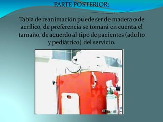 PARTE POSTERIOR:
Tablade reanimación puede serde madera ode
acrílico, de preferencia se tomará en cuenta el
tamaño, deacuerdoal tipode pacientes (adulto
y pediátrico) del servicio.
 