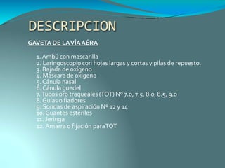 DESCRIPCION
GAVETA DE LAVÍAAÉRA
1. Ambú con mascarilla
2. Laringoscopio con hojas largas y cortas y pilas de repuesto.
3. Bajada de oxígeno
4. Máscara de oxígeno
5. Cánula nasal
6. Cánula guedel
7.Tubos oro traqueales (TOT) Nº 7.0, 7.5, 8.0, 8.5, 9.0
8. Guías o fiadores
9. Sondas de aspiración Nº 12 y 14
10. Guantes estériles
11. Jeringa
12. Amarra o fijación paraTOT
 