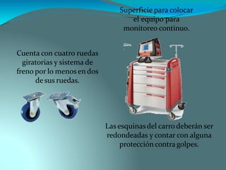 Cuenta con cuatro ruedas
giratorias y sistema de
freno por lo menos en dos
de sus ruedas.
Superficie para colocar
el equipo para
monitoreo continuo.
Las esquinasdel carro deberán ser
redondeadas y contar con alguna
protección contra golpes.
 