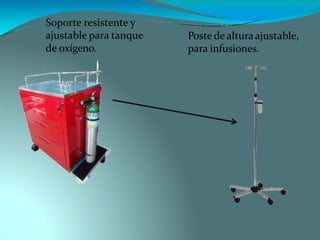 Soporte resistente y
ajustable para tanque
de oxígeno.
Poste de alturaajustable,
para infusiones.
 