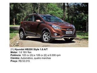 21) Hyundai HB20X Style 1.6 A/T
Motor: 1.6 16V flex
Potência: 122 cv (G) e 128 cv (E) a 6.000 rpm
Câmbio: Automático, quatro marchas
Preço: R$ 53.015
 