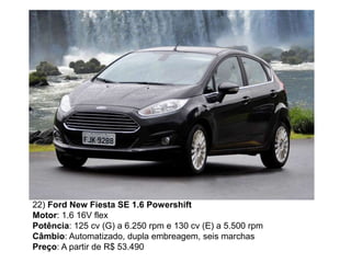 22) Ford New Fiesta SE 1.6 Powershift
Motor: 1.6 16V flex
Potência: 125 cv (G) a 6.250 rpm e 130 cv (E) a 5.500 rpm
Câmbio: Automatizado, dupla embreagem, seis marchas
Preço: A partir de R$ 53.490
 