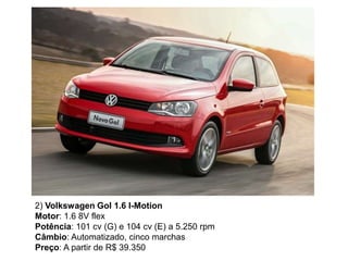 2) Volkswagen Gol 1.6 I-Motion
Motor: 1.6 8V flex
Potência: 101 cv (G) e 104 cv (E) a 5.250 rpm
Câmbio: Automatizado, cinco marchas
Preço: A partir de R$ 39.350
 