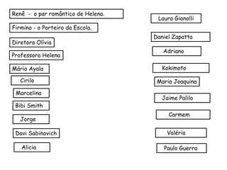 Renê - o par romântico de Helena.
Firmino - o Porteiro da Escola.
Diretora Olívia
Professora Helena
Marcelina
Bibi Smith
Jorge
Davi Sabinovich
Alicia
Laura Gianolli
Daniel Zapatta
Adriano
Kokimoto
Jaime Palilo
Carmem
Valéria
Paulo Guerra
Mário Ayala
Cirilo Maria Joaquina
 