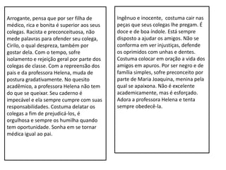 Arrogante, pensa que por ser filha de
médico, rica e bonita é superior aos seus
colegas. Racista e preconceituosa, não
mede palavras para ofender seu colega,
Cirilo, o qual despreza, também por
gostar dela. Com o tempo, sofre
isolamento e rejeição geral por parte dos
colegas de classe. Com a repreensão dos
pais e da professora Helena, muda de
postura gradativamente. No quesito
acadêmico, a professora Helena não tem
do que se queixar. Seu caderno é
impecável e ela sempre cumpre com suas
responsabilidades. Costuma delatar os
colegas a fim de prejudicá-los, é
orgulhosa e sempre os humilha quando
tem oportunidade. Sonha em se tornar
médica igual ao pai.
Ingênuo e inocente, costuma cair nas
peças que seus colegas lhe pregam. É
doce e de boa índole. Está sempre
disposto a ajudar os amigos. Não se
conforma em ver injustiças, defende
os oprimidos com unhas e dentes.
Costuma colocar em oração a vida dos
amigos em apuros. Por ser negro e de
família simples, sofre preconceito por
parte de Maria Joaquina, menina pela
qual se apaixona. Não é excelente
academicamente, mas é esforçado.
Adora a professora Helena e tenta
sempre obedecê-la.
 