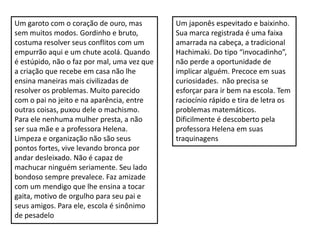 Um garoto com o coração de ouro, mas
sem muitos modos. Gordinho e bruto,
costuma resolver seus conflitos com um
empurrão aqui e um chute acolá. Quando
é estúpido, não o faz por mal, uma vez que
a criação que recebe em casa não lhe
ensina maneiras mais civilizadas de
resolver os problemas. Muito parecido
com o pai no jeito e na aparência, entre
outras coisas, puxou dele o machismo.
Para ele nenhuma mulher presta, a não
ser sua mãe e a professora Helena.
Limpeza e organização não são seus
pontos fortes, vive levando bronca por
andar desleixado. Não é capaz de
machucar ninguém seriamente. Seu lado
bondoso sempre prevalece. Faz amizade
com um mendigo que lhe ensina a tocar
gaita, motivo de orgulho para seu pai e
seus amigos. Para ele, escola é sinônimo
de pesadelo
Um japonês espevitado e baixinho.
Sua marca registrada é uma faixa
amarrada na cabeça, a tradicional
Hachimaki. Do tipo “invocadinho”,
não perde a oportunidade de
implicar alguém. Precoce em suas
curiosidades. não precisa se
esforçar para ir bem na escola. Tem
raciocínio rápido e tira de letra os
problemas matemáticos.
Dificilmente é descoberto pela
professora Helena em suas
traquinagens
 