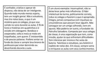 É sonhador, criativo e apesar de
disperso, não deixa de ser inteligente.
Quando todo mundo menos espera,
tem um insight genial. Não é estudioso,
mas tira notas boas, o que é um
mistério para os colegas, já que vive
caindo no sono durante as aulas. É fã de
livros e histórias em quadrinhos e é
viciado em videogame. Bondoso e
cooperador, volta e meia se mete em
trapalhadas, sem querer. É introvertido
e de poucas palavras. Prefere sentar no
fundo da classe e sempre leva bronca da
professora por estar dormindo ou
desenhando durante a aula.
É um aluno exemplar. Incorruptível, não se
deixa levar pelas más influências. O líder
intelectual da turma, politicamente correto,
induz os colegas a fazerem o que é apropriado.
Íntegro, jamais compactua com injustiças ou
circunstâncias que possam lesar alguém. Não
consegue ver um amigo sofrendo, nem em
apuros. Não poderia ser outro, o fundador da
Patrulha Salvadora. Composta por seus colegas
de classe, é uma organização que tem, como
missão, ajudar os que enfrentam dificuldades.
Tem interesse por música e faz aulas de
bateria. Talentoso e estudioso, seu boletim é
repleto de notas dez. Em classe, sempre soma
e enriquece as aulas com seus conhecimentos.
 