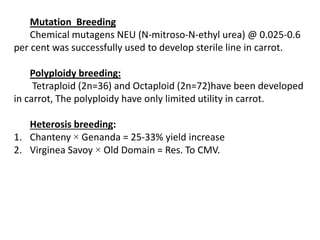 Mutation Breeding
Chemical mutagens NEU (N-mitroso-N-ethyl urea) @ 0.025-0.6
per cent was successfully used to develop sterile line in carrot.
Polyploidy breeding:
Tetraploid (2n=36) and Octaploid (2n=72)have been developed
in carrot, The polyploidy have only limited utility in carrot.
Heterosis breeding:
1. Chanteny × Genanda = 25-33% yield increase
2. Virginea Savoy × Old Domain = Res. To CMV.
 