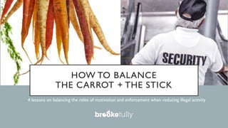HOW TO BALANCE
THE CARROT + THE STICK
4 lessons on balancing the roles of motivation and enforcement when reducing illegal activity
 