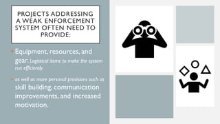 PROJECTS ADDRESSING
A WEAK ENFORCEMENT
SYSTEM OFTEN NEED TO
PROVIDE:
• Equipment, resources, and
gear. Logistical items to make the system
run efficiently.
• as well as more personal provisions such as
skill building, communication
improvements, and increased
motivation.
 