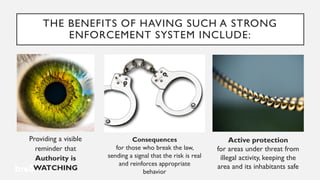 THE BENEFITS OF HAVING SUCH A STRONG
ENFORCEMENT SYSTEM INCLUDE:
Providing a visible
reminder that
Authority is
WATCHING
Consequences
for those who break the law,
sending a signal that the risk is real
and reinforces appropriate
behavior
Active protection
for areas under threat from
illegal activity, keeping the
area and its inhabitants safe
 