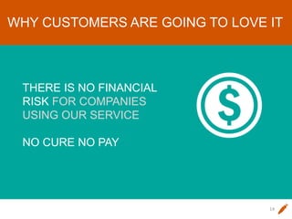 14
THERE IS NO FINANCIAL
RISK FOR COMPANIES
USING OUR SERVICE
NO CURE NO PAY
WHY CUSTOMERS ARE GOING TO LOVE IT
 