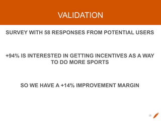 VALIDATION
SURVEY WITH 58 RESPONSES FROM POTENTIAL USERS
+94% IS INTERESTED IN GETTING INCENTIVES AS A WAY
TO DO MORE SPORTS
SO WE HAVE A +14% IMPROVEMENT MARGIN
18
 