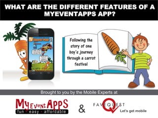 WHAT ARE THE DIFFERENT FEATURES OF A
         MYEVENTAPPS APP?




        Brought to you by the Mobile Experts at



                           &                      Let’s get mobile
 
