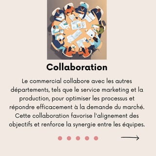 Collaboration
Le commercial collabore avec les autres
départements, tels que le service marketing et la
production, pour optimiser les processus et
répondre efficacement à la demande du marché.
Cette collaboration favorise l'alignement des
objectifs et renforce la synergie entre les équipes.
 