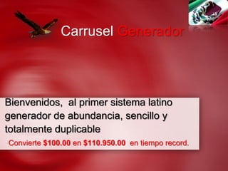 Carrusel Generador




Bienvenidos, al primer sistema latino
generador de abundancia, sencillo y
totalmente duplicable
Convierte $100.00 en $110.950.00 en tiempo record.
 