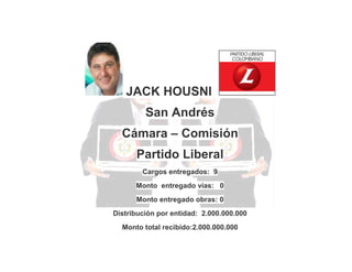 JACK HOUSNI
San Andrés
Cámara – Comisión
Partido Liberal
Cargos entregados: 9
Monto entregado vías: 0
Monto entregado obras: 0
Distribución por entidad: 2.000.000.000
Monto total recibido:2.000.000.000

 