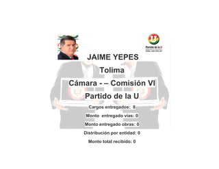 JAIME YEPES
Tolima
Cámara - – Comisión VI
Partido de la U
Cargos entregados: 8
Monto entregado vías: 0
Monto entregado obras: 0
Distribución por entidad: 0
Monto total recibido: 0

 