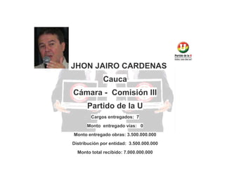 JHON JAIRO CARDENAS
Cauca
Cámara - Comisión III
Partido de la U
Cargos entregados: 7
Monto entregado vías: 0
Monto entregado obras: 3.500.000.000
Distribución por entidad: 3.500.000.000
Monto total recibido: 7.000.000.000

 