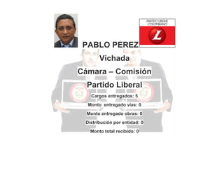 PABLO PEREZ
Vichada
Cámara – Comisión
Partido Liberal
Cargos entregados: 5
Monto entregado vías: 0
Monto entregado obras: 0
Distribución por entidad: 0
Monto total recibido: 0

 