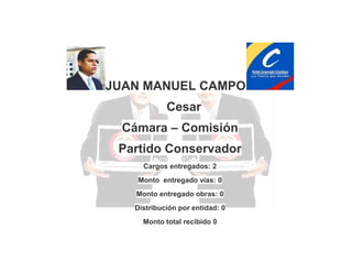 JUAN MANUEL CAMPO
Cesar
Cámara – Comisión
Partido Conservador
Cargos entregados: 2
Monto entregado vías: 0
Monto entregado obras: 0
Distribución por entidad: 0
Monto total recibido 0

 