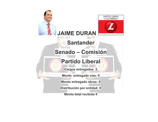 JAIME DURAN
Santander
Senado – Comisión
Partido Liberal
Cargos entregados: 2
Monto entregado vías: 0
Monto entregado obras: 0
Distribución por entidad: 0
Monto total recibido 0

 