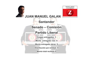 JUAN MANUEL GALAN
Santander
Senado – Comisión
Partido Liberal
Cargos entregados: 3
Monto entregado vías: 0
Monto entregado obras: 0
Distribución por entidad: 0
Monto total recibido 0

 