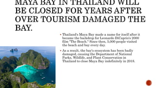  Thailand's Maya Bay made a name for itself after it
became the backdrop for Leonardo DiCaprio's 2000
film "The Beach." Since then, 5,000 people visited
the beach and bay every day.
 As a result, the bay's ecosystem has been badly
damaged, causing the Department of National
Parks, Wildlife, and Plant Conservation in
Thailand to close Maya Bay indefinitely in 2018.
 