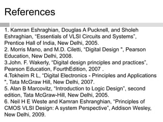 References
1. Kamran Eshraghian, Douglas A Pucknell, and Sholeh
Eshraghian, “Essentials of VLSI Circuits and Systems”,
Prentice Hall of India, New Delhi, 2005.
2. Morris Mano, and M.D. Ciletti, “Digital Design ", Pearson
Education, New Delhi, 2008.
3.John. F. Wakerly, “Digital design principles and practices”,
Pearson Education, FourthEdition, 2007 .
4.Tokheim R L, “Digital Electronics - Principles and Applications
", Tata McGraw Hill, New Delhi, 2007.
5. Alan B Marcovitz, “Introduction to Logic Design”, second
edition, Tata McGraw-Hill, New Delhi, 2005.
6. Neil H E Weste and Kamran Eshranghian, “Principles of
CMOS VLSI Design: A system Perspective”, Addison Wesley,
New Delhi, 2009.
 