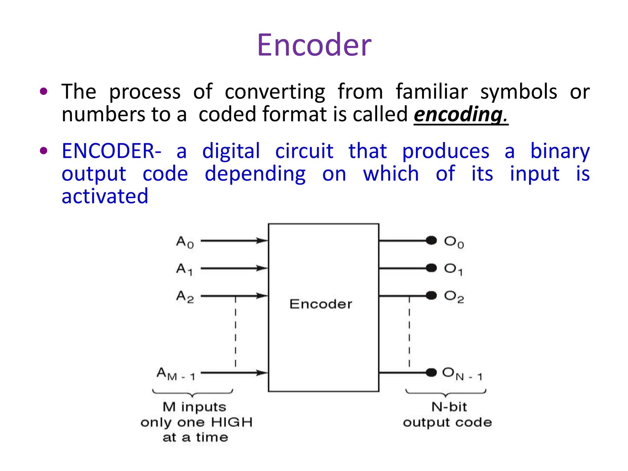 Encoder
• The process of converting from familiar symbols or
numbers to a coded format is called encoding.
• ENCODER- a digital circuit that produces a binary
output code depending on which of its input is
activated
 