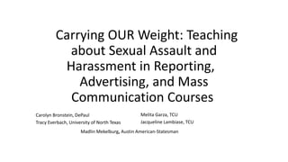 Carrying OUR Weight: Teaching
about Sexual Assault and
Harassment in Reporting,
Advertising, and Mass
Communication Courses
Carolyn Bronstein, DePaul
Tracy Everbach, University of North Texas
Melita Garza, TCU
Jacqueline Lambiase, TCU
Madlin Mekelburg, Austin American-Statesman
 