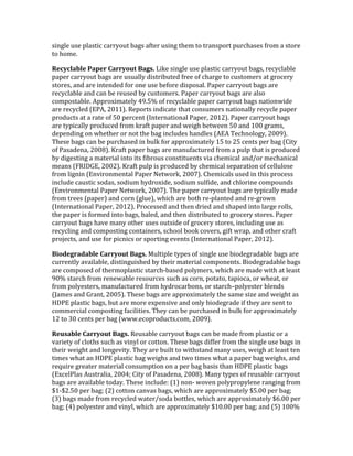 4,$<5.!24.!15&4%,'!'&**3#2%!;&<4!&W%.*!24,$<!%Q.9!%#!%*&$41#*%!12*'Q&4.4!W*#9!&!4%#*.!
%#!Q#9.7!
=&4-4%+N%&'Q+<&,'*+,,-./0'1+$)[!P,O.!4,$<5.!24.!15&4%,'!'&**3#2%!;&<4/!*.'3'5&;5.!
1&1.*!'&**3#2%!;&<4!&*.!242&553!6,4%*,;2%.6!W*..!#W!'Q&*<.!%#!'24%#9.*4!&%!<*#'.*3!
4%#*.4/!&$6!&*.!,$%.$6.6!W#*!#$.!24.!;.W#*.!6,41#4&57!L&1.*!'&**3#2%!;&<4!&*.!
*.'3'5&;5.!&$6!'&$!;.!*.24.6!;3!'24%#9.*47!L&1.*!'&**3#2%!;&<4!&*.!&54#!
'#91#4%&;5.7!)11*#I,9&%.53!S>7Tf!#W!*.'3'5&;5.!1&1.*!'&**3#2%!;&<4!$&%,#$8,6.!
&*.!*.'3'5.6!=HL)/!G?FF@7!+.1#*%4!,$6,'&%.!%Q&%!'#$429.*4!$&%,#$&553!*.'3'5.!1&1.*!
1*#62'%4!&%!&!*&%.!#W!T?!1.*'.$%!=K$%.*$&%,#$&5!L&1.*/!G?FG@7!L&1.*!'&**3#2%!;&<4!
&*.!%31,'&553!1*#62'.6!W*#9!O*&W%!1&1.*!&$6!8.,<Q!;.%8..$!T?!&$6!F??!<*&94/!
6.1.$6,$<!#$!8Q.%Q.*!#*!$#%!%Q.!;&<!,$'526.4!Q&$65.4!=)H)!R.'Q$#5#<3/!G??>@7!
RQ.4.!;&<4!'&$!;.!12*'Q&4.6!,$!;25O!W#*!&11*#I,9&%.53!FT!%#!GT!'.$%4!1.*!;&<!=",%3!
#W!L&4&6.$&/!G??B@7!q*&W%!1&1.*!;&<4!&*.!9&$2W&'%2*.6!W*#9!&!1251!%Q&%!,4!1*#62'.6!
;3!6,<.4%,$<!&!9&%.*,&5!,$%#!,%4!W,;*#24!'#$4%,%2.$%4!-,&!'Q.9,'&5!&$6l#*!9.'Q&$,'&5!
9.&$4!=a+K0ZH/!G??G@7!q*&W%!1251!,4!1*#62'.6!;3!'Q.9,'&5!4.1&*&%,#$!#W!'.5525#4.!
W*#9!5,<$,$!=H$-,*#$9.$%&5!L&1.*!].%8#*O/!G??E@7!"Q.9,'&54!24.6!,$!%Q,4!1*#'.44!
,$'526.!'&24%,'!4#6&4/!4#6,29!Q36*#I,6./!4#6,29!425W,6./!&$6!'Q5#*,$.!'#91#2$64!
=H$-,*#$9.$%&5!L&1.*!].%8#*O/!G??E@7!RQ.!1&1.*!'&**3#2%!;&<4!&*.!%31,'&553!9&6.!
W*#9!%*..4!=1&1.*@!&$6!'#*$!=<52.@/!8Q,'Q!&*.!;#%Q!*.D15&$%.6!&$6!*.D<*#8$!
=K$%.*$&%,#$&5!L&1.*/!G?FG@7!L*#'.44.6!&$6!%Q.$!6*,.6!&$6!4Q&1.6!,$%#!5&*<.!*#554/!
%Q.!1&1.*!,4!W#*9.6!,$%#!;&<4/!;&5.6/!&$6!%Q.$!6,4%*,;2%.6!%#!<*#'.*3!4%#*.47!L&1.*!
'&**3#2%!;&<4!Q&-.!9&$3!#%Q.*!24.4!#2%4,6.!#W!<*#'.*3!4%#*.4/!,$'526,$<!24.!&4!
*.'3'5,$<!&$6!'#91#4%,$<!'#$%&,$.*4/!4'Q##5!;##O!'#-.*4/!<,W%!8*&1/!&$6!#%Q.*!'*&W%!
1*#M.'%4/!&$6!24.!W#*!1,'$,'4!#*!41#*%,$<!.-.$%4!=K$%.*$&%,#$&5!L&1.*/!G?FG@7!
1".3&$,+3+N%&'*+,,-./0'1+$)[!^25%,15.!%31.4!#W!4,$<5.!24.!;,#6.<*&6&;5.!;&<4!&*.!
'2**.$%53!&-&,5&;5./!6,4%,$<2,4Q.6!;3!%Q.,*!9&%.*,&5!'#91#$.$%47!N,#6.<*&6&;5.!;&<4!
&*.!'#91#4.6!#W!%Q.*9#15&4%,'!4%&*'QD;&4.6!1#539.*4/!8Q,'Q!&*.!9&6.!8,%Q!&%!5.&4%!
>?f!4%&*'Q!W*#9!*.$.8&;5.!*.4#2*'.4!42'Q!&4!'#*$/!1#%&%#/!%&1,#'&/!#*!8Q.&%/!#*!
W*#9!1#53.4%.*4/!9&$2W&'%2*.6!W*#9!Q36*#'&*;#$4/!#*!4%&*'Qr1#53.4%.*!;5.$64!
=k&9.4!&$6!Z*&$%/!G??T@7!RQ.4.!;&<4!&*.!&11*#I,9&%.53!%Q.!4&9.!4,b.!&$6!8.,<Q%!&4!
[0LH!15&4%,'!;&<4/!;2%!&*.!9#*.!.I1.$4,-.!&$6!#$53!;,#6.<*&6.!,W!%Q.3!&*.!4.$%!%#!
'#99.*',&5!'#91#4%,$<!W&',5,%,.47!RQ.3!'&$!;.!12*'Q&4.6!,$!;25O!W#*!&11*#I,9&%.53!
FG!%#!A?!'.$%4!1.*!;&<!=8887.'#1*#62'%47'#9/!G??>@7!
=&/)+N%&'*+,,-./0'1+$)[!+.24&;5.!'&**3#2%!;&<4!'&$!;.!9&6.!W*#9!15&4%,'!#*!&!
-&*,.%3!#W!'5#%Q4!42'Q!&4!-,$35!#*!'#%%#$7!RQ.4.!;&<4!6,WW.*!W*#9!%Q.!4,$<5.!24.!;&<4!,$!
%Q.,*!8.,<Q%!&$6!5#$<.-,%37!RQ.3!&*.!;2,5%!%#!8,%Q4%&$6!9&$3!24.4/!8.,<Q!&%!5.&4%!%.$!
%,9.4!8Q&%!&$![0LH!15&4%,'!;&<!8.,<Q4!&$6!%8#!%,9.4!8Q&%!&!1&1.*!;&<!8.,<Q4/!&$6!
*.X2,*.!<*.&%.*!9&%.*,&5!'#$4291%,#$!#$!&!1.*!;&<!;&4,4!%Q&$![0LH!15&4%,'!;&<4!
=HI'.5L5&4!)24%*&5,&/!G??Sj!",%3!#W!L&4&6.$&/!G??B@7!^&$3!%31.4!#W!*.24&;5.!'&**3#2%!
;&<4!&*.!&-&,5&;5.!%#6&37!RQ.4.!,$'526.(!=F@!$#$D!8#-.$!1#531*#135.$.!*&$<,$<!W*#9!
_FD_G7T?!1.*!;&<j!=G@!'#%%#$!'&$-&4!;&<4/!8Q,'Q!&*.!&11*#I,9&%.53!_T7??!1.*!;&<j!
=A@!;&<4!9&6.!W*#9!*.'3'5.6!8&%.*l4#6&!;#%%5.4/!8Q,'Q!&*.!&11*#I,9&%.53!_C7??!1.*!
;&<j!=S@!1#53.4%.*!&$6!-,$35/!8Q,'Q!&*.!&11*#I,9&%.53!_F?7??!1.*!;&<j!&$6!=T@!F??f!
 