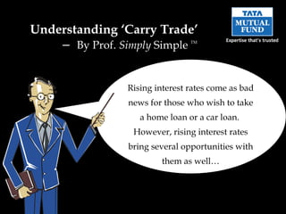Understanding ‘Carry Trade’  –  By Prof.  Simply  Simple  TM Rising interest rates come as bad news for those who wish to take a home loan or a car loan.  However, rising interest rates bring several opportunities with them as well… 