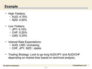 Example
• High Yielders:
o AUD: 4.75%
o NZD: 2.50%
• Low Yielders:
o JPY: 0.10%
o CHF: 0.25%
o USD: 0.25%
• Interest Rate Expectations:
o AUD, USD: increasing
o CHF, JPY, NZD : stable
• Trading Strategy: Look to go long AUD/JPY and AUD/CHF
depending on market bias based on technical analysis.
© StockStream LLP

All about investments.
-7-

 
