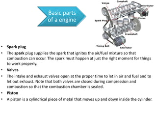 Basic parts
of a engine
• Spark plug
• The spark plug supplies the spark that ignites the air/fuel mixture so that
combustion can occur. The spark must happen at just the right moment for things
to work properly.
• Valves
• The intake and exhaust valves open at the proper time to let in air and fuel and to
let out exhaust. Note that both valves are closed during compression and
combustion so that the combustion chamber is sealed.
• Piston
• A piston is a cylindrical piece of metal that moves up and down inside the cylinder.
 