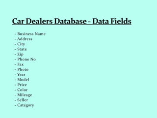 - Business Name
- Address
- City
- State
- Zip
- Phone No
- Fax
- Photo
- Year
- Model
- Price
- Color
- Mileage
- Seller
- Category
 