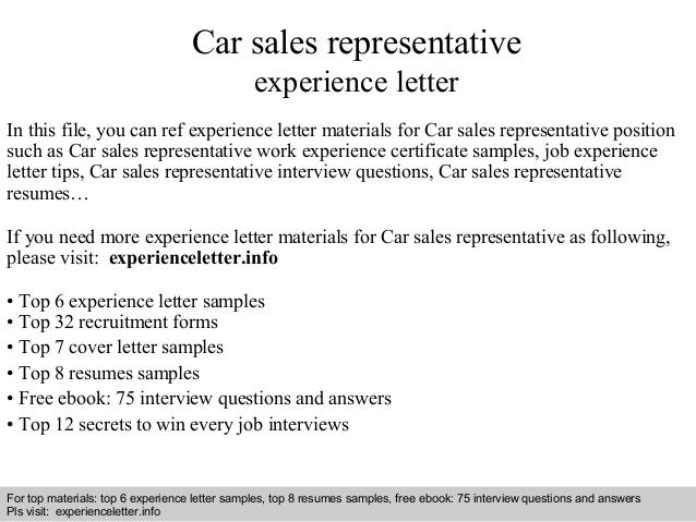 car sales representative experience letter