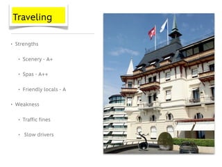 Traveling

• Strengths

   • Scenery - A+

   • Spas - A++

   • Friendly locals - A

• Weakness

   • Traffic fines

   • Slow drivers
 