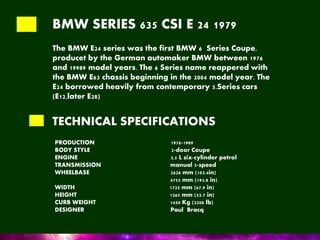 BMW SERIES 635 CSI E 24 1979
The BMW E24 series was the first BMW 6 Series Coupe,
producet by the German automaker BMW between 1976
and 19989 model years. The 6 Series name reappered with
the BMW E63 chassis beginning in the 2004 model year. The
E24 borrowed heavily from contemporary 5.Series cars
(E12,later E28)
TECHNICAL SPECIFICATIONS
PRODUCTION 1976-1989
BODY STYLE 2-door Coupe
ENGINE 3.5 L six-cylinder petrol
TRANSMISSION manual 5-speed
WHEELBASE 2626 mm (103.4in)
4755 mm (193.8 in)
WIDTH 1725 mm (67.9 in)
HEIGHT 1365 mm (53.7 in)
CURB WEIGHT 1450 Kg (3200 lb)
DESIGNER Paul Bracq
 
