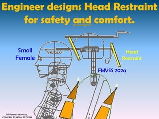 Engineer designs Head Restraint
    for safety and comfort.

                Small                         Head
               Female                        Restraint

                                     FMVSS 202a




    US Patents: #6,840,125,
#7,047,831, #7,347,114, #7,797,138
 