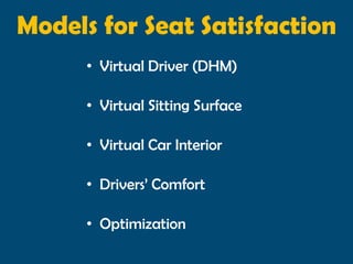 Models for Seat Satisfaction
      • Virtual Driver (DHM)

      • Virtual Sitting Surface

      • Virtual Car Interior

      • Drivers’ Comfort

      • Optimization
 