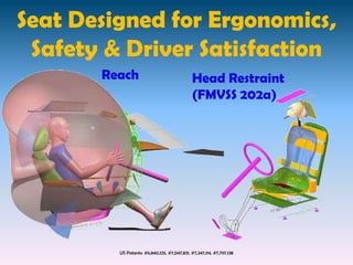 Seat Designed for Ergonomics,
 Safety & Driver Satisfaction
       Reach                                 Head Restraint
                                             (FMVSS 202a)




         US Patents: #6,840,125, #7,047,831, #7,347,114, #7,797,138
 